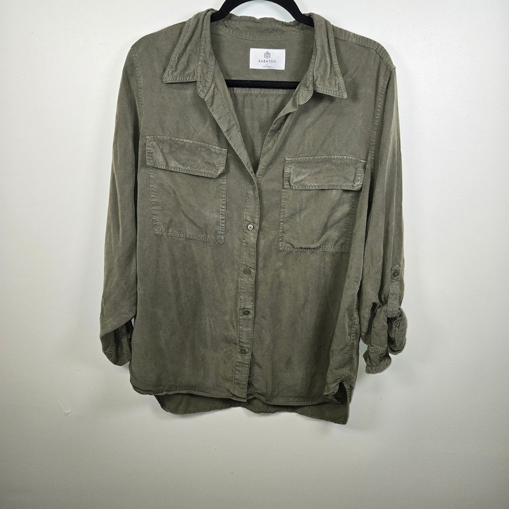 Babaton Aritzia Olive Green Utility Button Up Shirt Roll Tab Sleeve Womens L